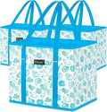 BALEINE 3Pk Reusable Grocery Bags, Foldable Shopping Bags for Groceries with Reinforced Bottom & Handles (Summer Beach-Blue)