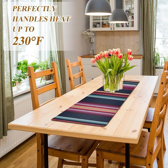 Retro Mexican Stripe Blue Trivet Table Runner Heat Resistant 230F for Hot Dishes Pots Plates Kitchen Dining Table Protector Decorative 39.37x 11.8