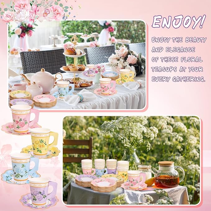 Kochorie 120 Pcs Floral Paper Tea Cups and Saucers 9 Oz Disposable Teacups Bulk with Handle 4 Styles Flower Tea Party Decorations for Birthday Wedding Garden Party Baby Shower Serve 60 Guests