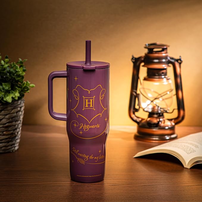 Zak Designs Harry Potter Sutton Travel Tumbler for On the Go, 30oz Stainless Steel with Vacuum Insulation, Silicone Straw, and Carry Handle for Cold Drinks (Hogwarts)