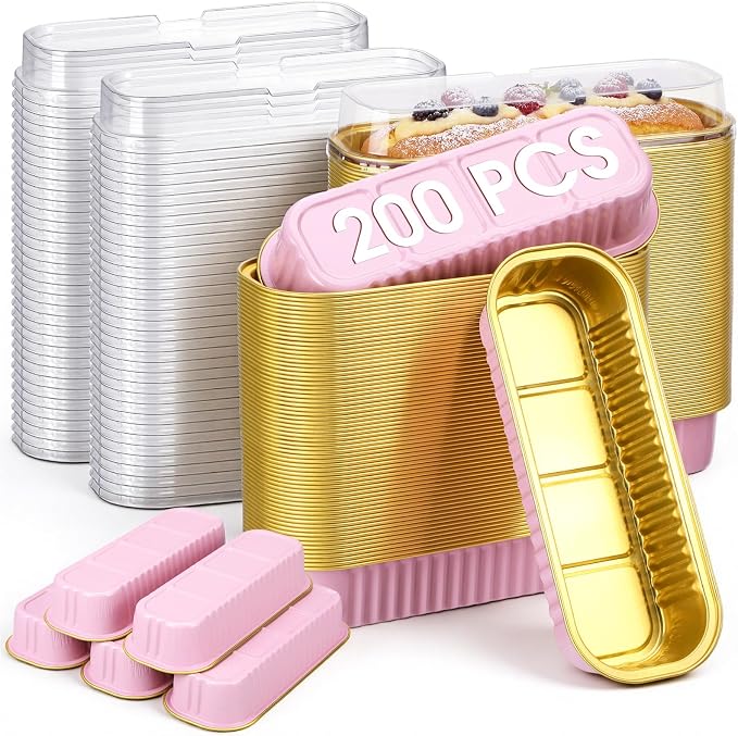 Qunclay 200 Pcs Aluminum Foil Mini Loaf Pans with Lids 6.8 oz Disposable Mini Cake Pan with Lid Rectangle Baking Cups for Party Muffin Cheesecake Ramekins(Pink, Gold)