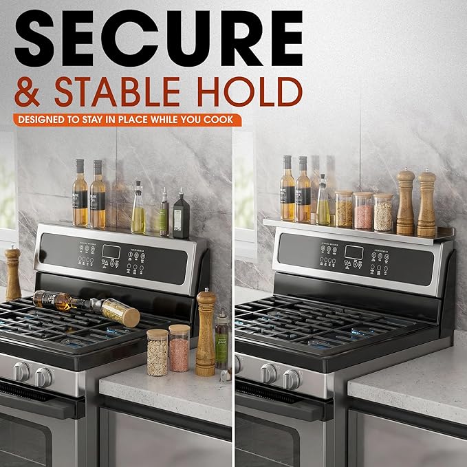30 Inch Magnetic Stove Top Shelf - Stainless Steel Over Stove Storage Rack for Spices & Condiments - Tool-Free Fit for Flat & Curved Stoves