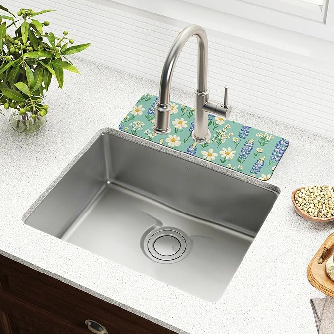 Kitchen Sink Splash Guard 2 PCS 14.7 Inch Sink Faucet Mat Splash Guard for Bathroom Countertop Water Absorbent Foldable Cuttable Soft Washable Cute Green Bluebonnet and Daisies