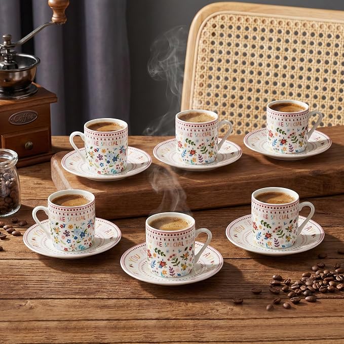 Floral Espresso Cups & Saucers Set of 6, 3oz Small Coffee Mugs, Ceramic Demitasse Cup for Tea, Latte, Espresso Shot Cup for Espresso Machine & Coffee Maker, Women Gifts for Mother's Day, Birthday