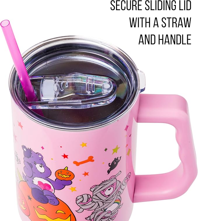 Silver Buffalo Care Bears Featuring Harmony Bear, Cheer, Share Bear, and Trick-or-Sweet Halloween Double Walled Stainless Steel Tumbler with Handle and Straw, Fits in Standard Cup Holder, 40 Ounces