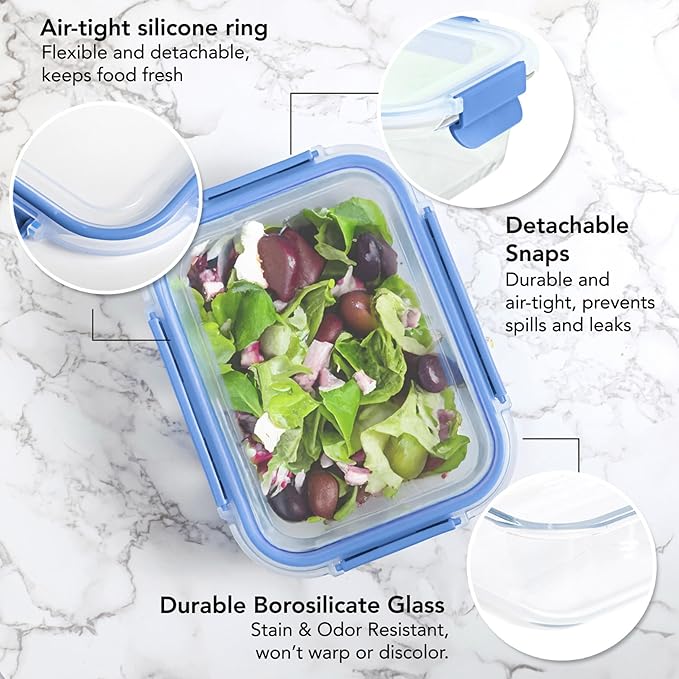 ECOBERI 4.5 Cup Glass Meal Prep Containers with Lids & Silicone Sleeves, 5-Pack Airtight, Leak-Resistant Food Storage Containers for Fridge, Freezer, Oven & Microwave
