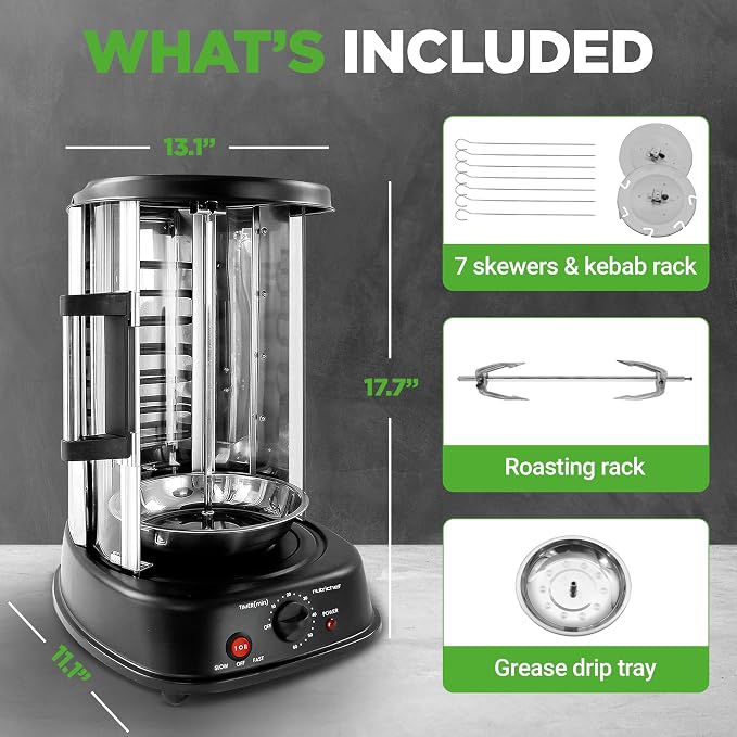 NutriChef Vertical Rotating Shawarma Oven - Rotisserie, Shawarma, & Kebab Machine - Stain-Resistant, Energy-Efficient - Heat-Resistant Door - Includes Kebab Rack with 7 Skewers - Stainless Steel