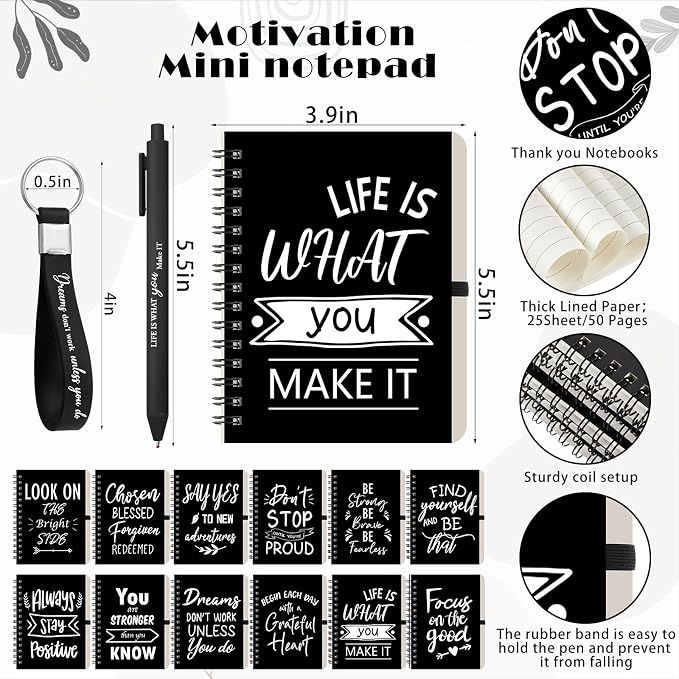 Skylety 12 Sets/48 Pcs Employee Appreciation Gift Baskets Bulk 16oz Inspirational Coffee Cup with Spiral Notebook, Pen & Keychain, Thank You Gifts for Staff, Teacher,Coworker, Team (Black)