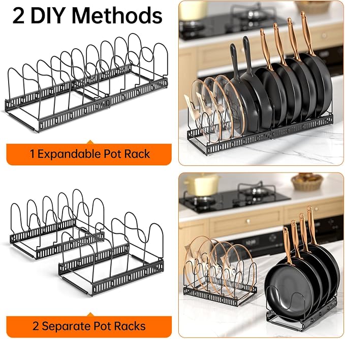 MUDEELA 2 Pack Pots and Pans Organizer Rack for under Cabinet, Expandable Pot Lid Kitchen Cabinet Organizer Holder with 10 Adjustable Compartment Cutting Board Organizer for Pan Lid, Bakeware Sheet