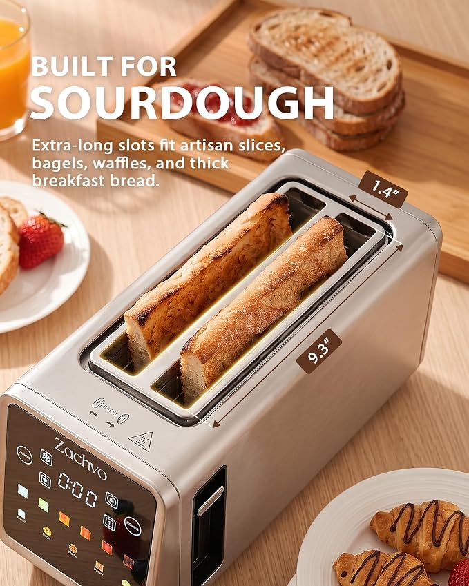 Long Slot Toaster for Sourdough & Artisan Bread with Smart Touchscreen | Digital Timer, Memory Function, One-Sided Toasting, Reheat & Defrost, Slim Stainless Steel for Long Bread & 4 Standard Slices
