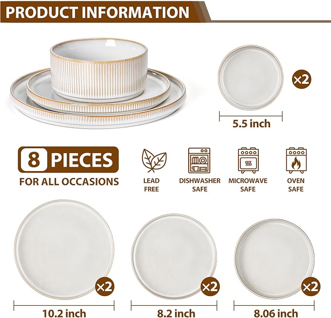 LIANYU 8 Piece Stoneware Plates and Bowls Dishes Set for 2, Dinnerware Sets with Pasta Bowls, Ribbed Dining Ware Dishware for Home Wedding, Microwave and Dishwasher Safe, Dawn Beige
