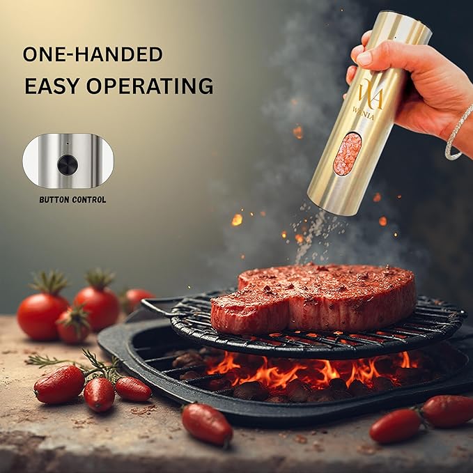 WANIA Electric Salt and Pepper Grinder Set - USB Rechargeable Base, Adjustable Coarseness, LED Light, Automatic One-Hand Operation, Stainless Steel Refillable Mills for Kitchen, BBQ & Gift