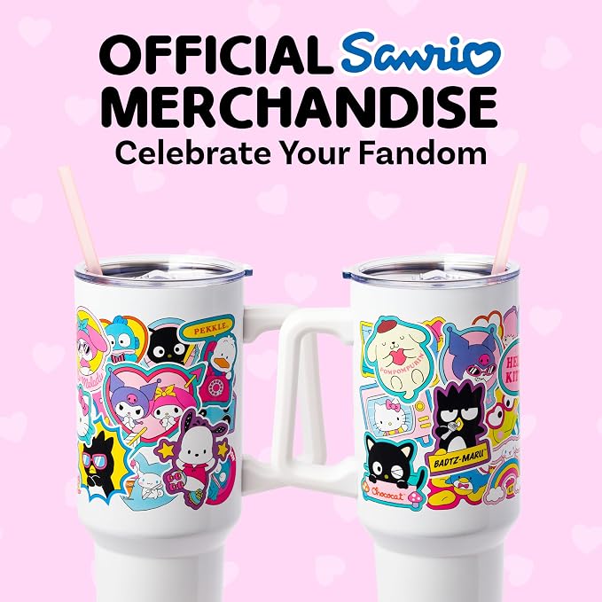 Silver Buffalo Sanrio Hello Kitty & Friends Cinnamoroll, Kuromi, Chococat, Badtz-Maru, Keroppi, Sticker Double Walled Stainless Steel Tumbler w Handle and Straw, Fits in Standard Cup Holder, 40 Ounces