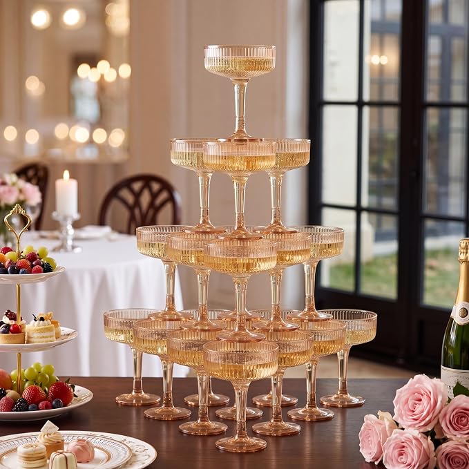 Houmury 7oz Amber Plastic Champagne Glasses Unbreakable Wedding Acrylic Martini Plastic Flutes Goblet Glasses Reusable Clear Drinkware For Birthday Party (20, Amber)