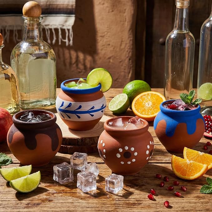 Gejoy 12 Pcs 3oz Cantaritos De Barro Shot Mini Clay Cups Jarritos De Barro Mexicanos Taco Cocktail Glasses for Tequila, Margaritas, Mojitos, Mojitos Cold Hot Drinks (Elegant)