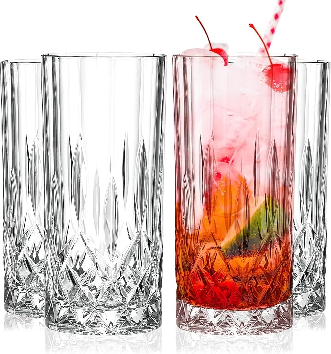 Barski Highball Glass - Drinking Glasses - Set of 4 - Hiball Tumblers - Glass Crystal Tumbler - for Water, Juice, Beer, Mixed Cocktails, Mojito Glass, Tom Collins Bar Glassware, 13 oz, Made in Europe
