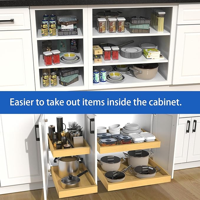 Wooden Pull out Cabinet Organizer 21" W x 21" D x 4.3" H, Heavy Duty Slide Out Drawers Pull-Out Home Organizers for Kitchen Cabinets