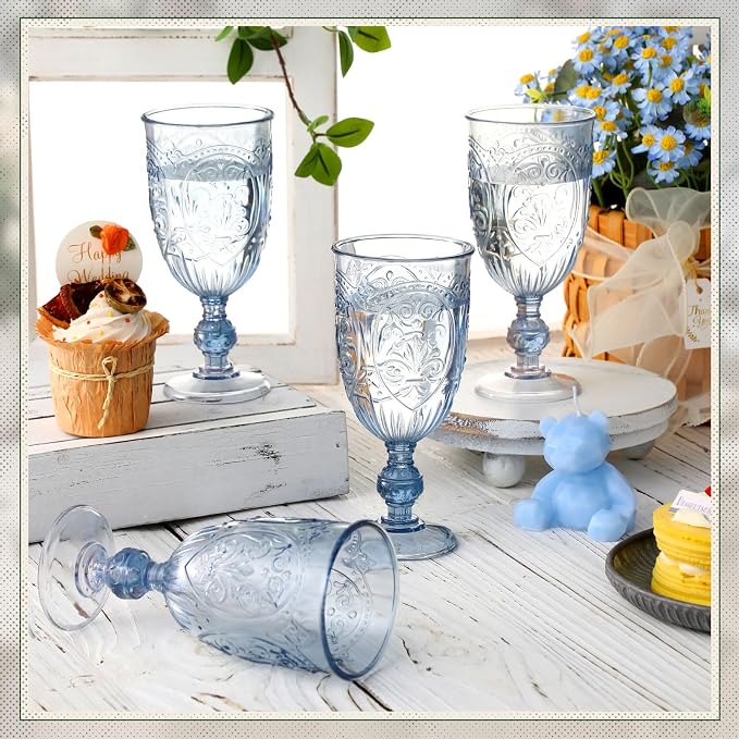 Wiwiqing 100 Pcs Plastic Goblets 7.5oz Vintage Goblet Plastic Wine Glasses Colored Retro Embossed Water Goblets for Wine Bar Juice Baby Shower Wedding Reception Grand Event Party (Blue)