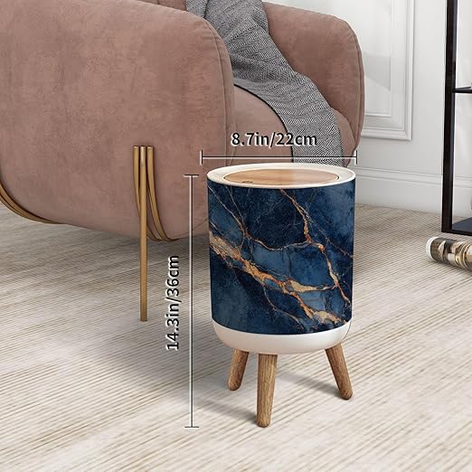 Trash Can with Lid Blue marble texture Italian marble slab golden veins Closeup surface Press Top Round Small Garbage Bin with Wooden Legs Waste Basket for Kitchen Bedroom Nursery 7L/1.8 Gallon
