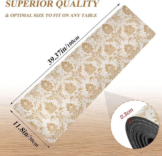 2-in-1 Table Runner Trivet for Hot Dishes Heat Resistant Hot Plate Mat Pad 39x12 Inch Waterproof Table Protector Trivets for Countertop Decorative Vintage Gold Damascus
