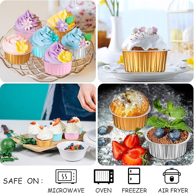 Thenshop 200 Pcs 5oz Mini Aluminum Baking Cups with Lid Disposable Loaf Cake Pans Birthday Wedding Party Foil Cupcake Tins Liner Crème BrûLée Ramekins Dessert Custard Pie Cheesecake Muffin Container