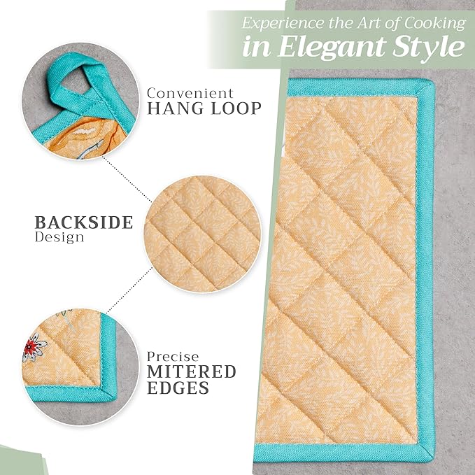 Maison d' Hermine 100% Cotton Oven Mitt & Pot Holder Set (7.5"x13" & 8"x8") Heat Resistant BBQ Cooking Gloves with Loop Grilling Kitchen Gifts for Mothers Day Spring/Summer (Luxury Loft - Peach)