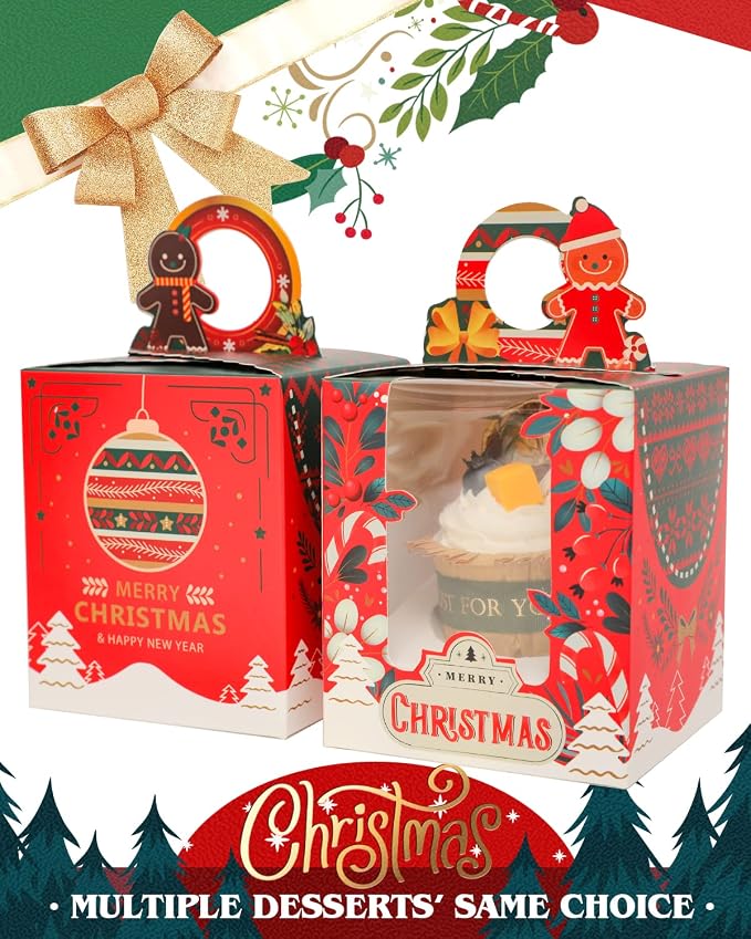qiqee Christmas Individual Cupcake Boxes 50pcs Individual Cupcake Boxes with Window 3.7" 3.7"*4.5" Cupcake Box for Christmas