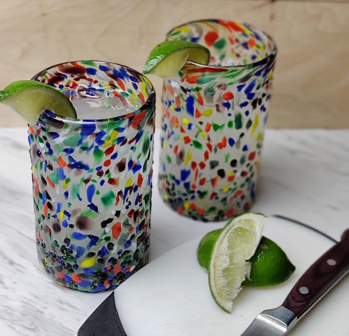 Hand Blown Mexican Drinking Glasses - Set of 6 Confetti Rock Design Glasses (14 oz each)