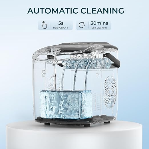 EUHOMY Countertop Ice Maker Machine with Handle, 26.4lbs Per Day, 9 Ice Cubes Ready in 6 Mins, Auto-Cleaning Portable Ice Maker with Basket and Scoop, for Home/Kitchen/Camping/RV (Black)