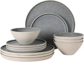Gibson Elite Coastal Forest Plates and Bowls Sets, 12-Piece Stoneware Dinnerware Sets, Triple Reactive Glaze Dish Set - Grey and Cream White
