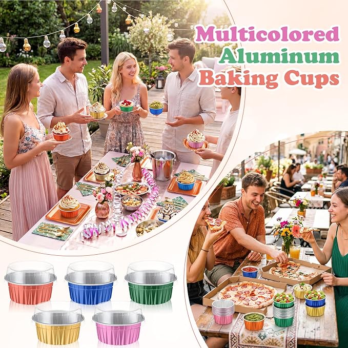 Gejoy 400 Pcs Aluminum Foil Baking Cups with Lids 5 oz Disposable Ramekins Mini Cake Pans Creme Brulee Cupcake Liners Muffin Dessert Container for Wedding Birthday Party (Classic,Bright Color)