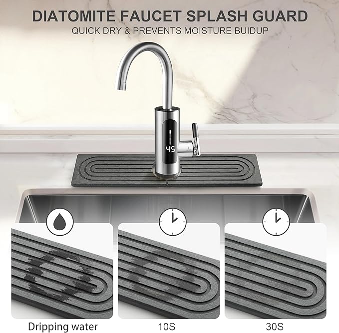 Faucet Mat for Kitchen Sink, Diatomite Fast Drying Stone Sink Tray, Super Absorbent, Prevents Moisture Buildup - Faucet Splash Guard for Bathroom Counter, Kitchen [Dark Grey, 15.8" x 3.9"]