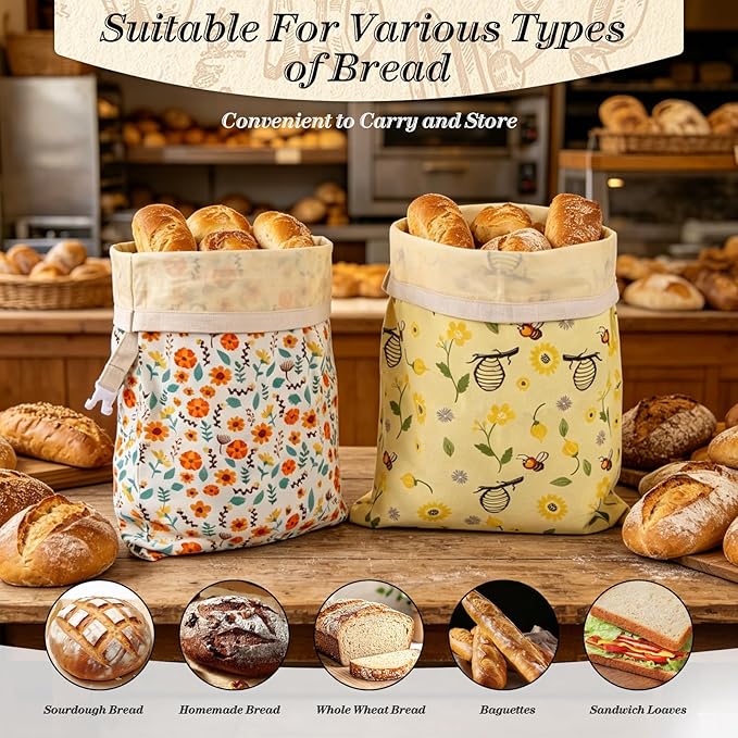 2-Pack Beeswax Bread Bags for Sourdough & Homemade Bread，Reusable Cotton Storage Bags，Extra Large Airtight Food Keeper to Keep Fresh