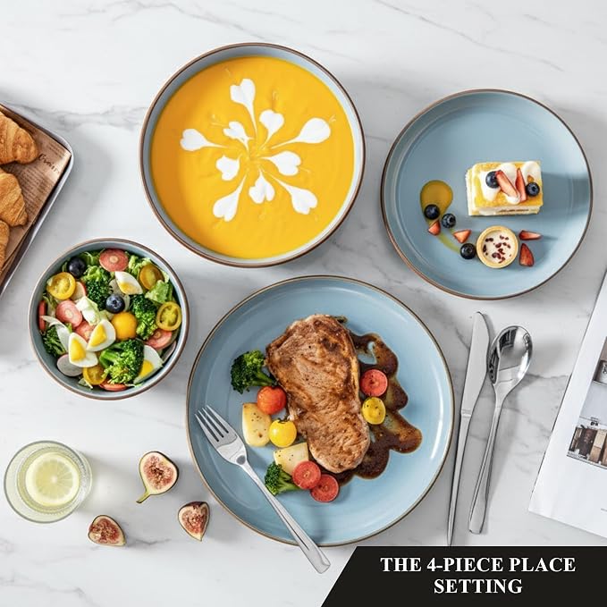 Dinner Set 16 PCS – Premium Ceramic Tableware in Blue – Includes 4 Dinner Plates, 4 Side Plates, 4 Rice Bowls & 4 Soup Bowls – Durable, Stylish & Microwave Safe