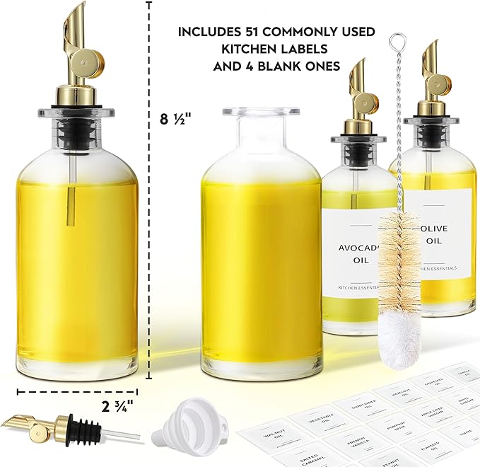 Spaceneat Oil Dispenser for Kitchen - Glass Olive Oil Bottle Set of 4 (11.8oz) with Gold Weighted Self-Closing Pourer - Cooking Oil Dispenser with 66 Labels, Aligner & Funnel