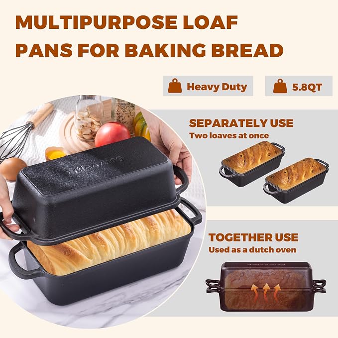 11x5 Inch Cast Iron Loaf Pan With Lid，5.8 Qt Large Loaf Pans For Sourdough Bread Baking, Pre-Seasoned Heavy Duty Dutch Oven Bread Pan For a Crispy Crust