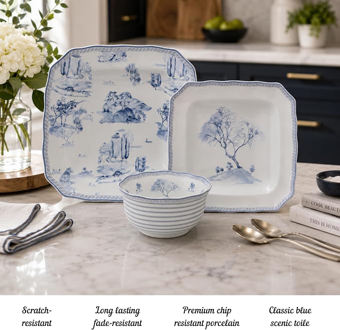 222 Fifth 12-Piece Porcelain Dinnerware Set for 4, Glossy White Plates and Bowls Set with Blue Decal, Elegant Square Ceramic Dish Set, Kitchen Tableware, Microwave & Dishwasher Safe, Scenic Toile
