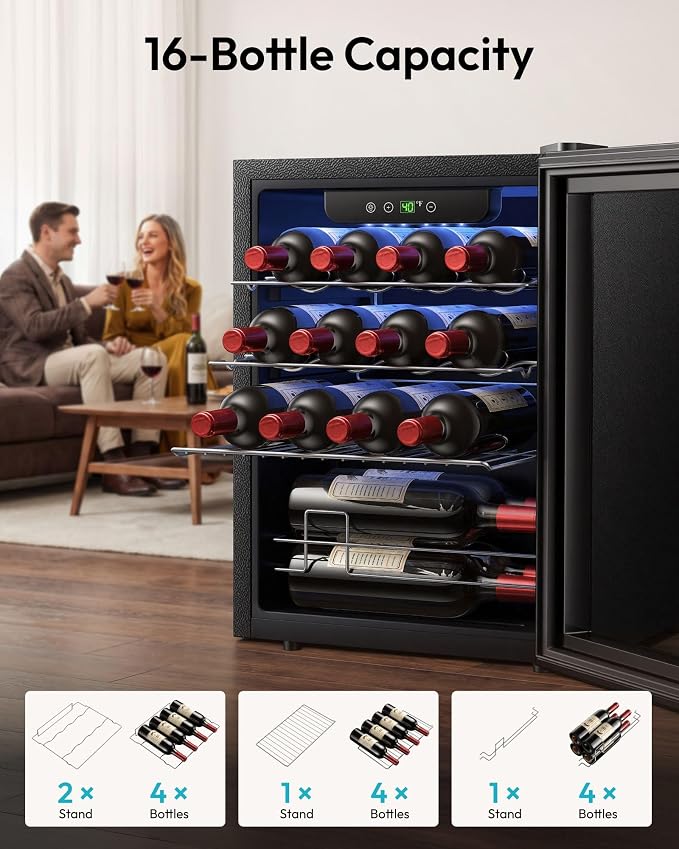 EUHOMY 16 Bottle Wine Cooler Refrigerator, Compressor Wine Fridge with Glass Door, Freestanding Wine Cellar with Digital Temp Control & LED Light for Red White Wine Beer Home Bar Office, 1.7 Cu.Ft