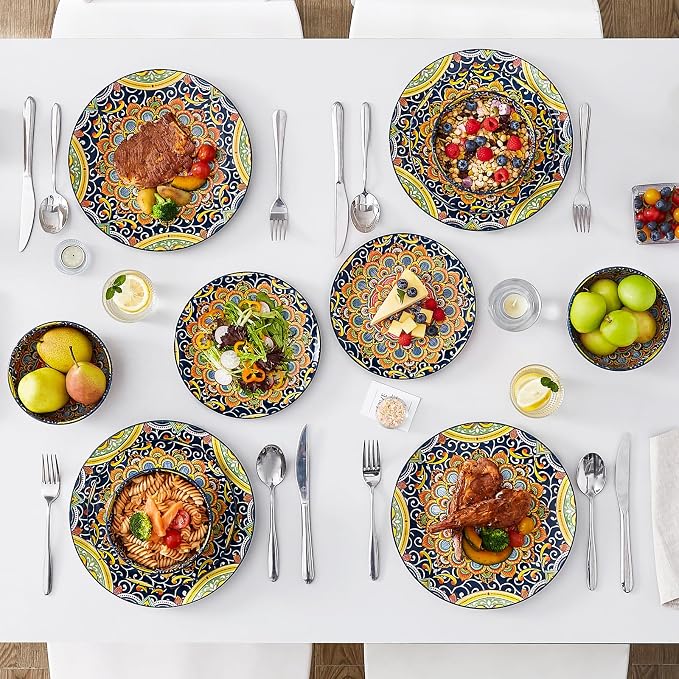 vancasso 12 Pieces Dinnerware Sets, Dark Green Plates and Bowls Set, Porcelain Dishes Set for 4, Microwave and Dishwasher Safe, Scratch Resistant, Bohemian Style Dining Ware Service for 4, Series SIMI