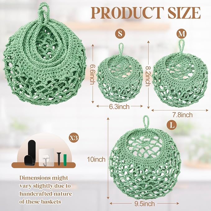 Honeydak Boho Decor Hanging Wall Baskets for Kitchen 3 Pack Teardrop Baskets with Hooks Storage Fruit Onion Vegetable Potato for Home 3 Sizes(Sage Green,Crochet,Cotton Rope)