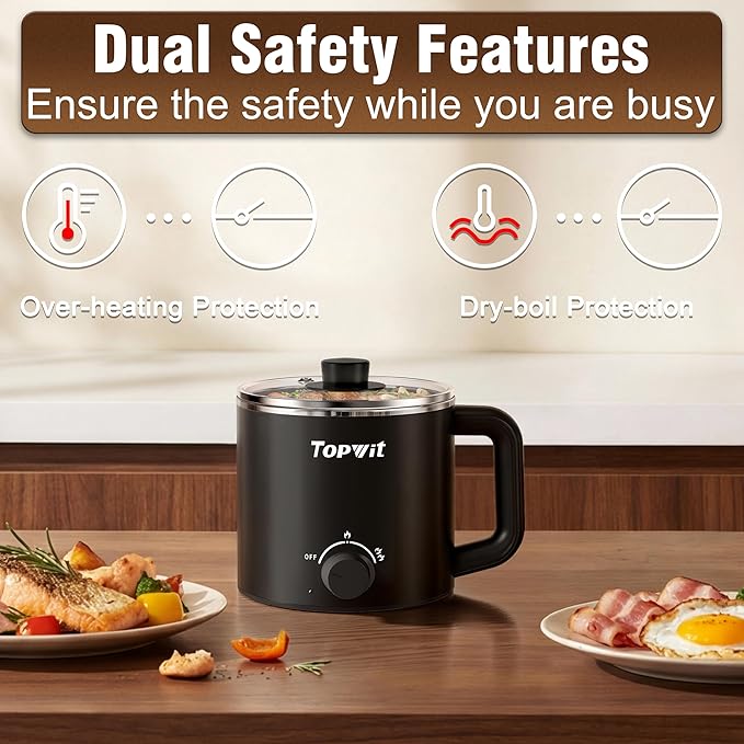 Topwit Hot Pot Electric, Electric Pot, 1.6L Ramen Cooker, Multifunctional Cooker for Pasta, Shabu-Shabu, Oatmeal, Soup and Egg with Over-Heating Protection, Boil Dry Protection, Black