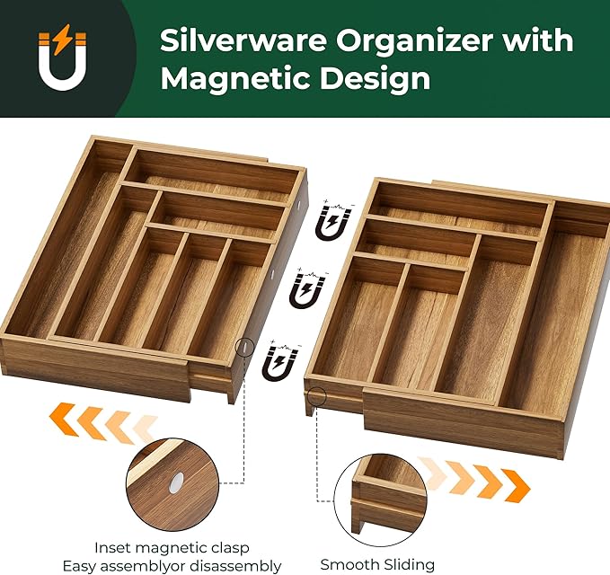 Large Silverware Organizer, 13 Slots Magnetic Connected Expandable Bamboo Utensil Drawer Organizer From 21 to 37.4 Inches, Adjustable Flatware and Cutlery Holder, Utensil Tray for Kitchen Natural