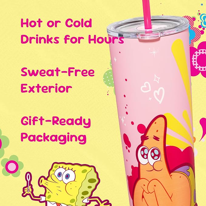 Dragon Glassware x SpongeBob SquarePants Tumbler with Straw, 24 oz - Pink | Vacuum Insulated Stainless Steel Tumbler with Straw & Lid; Double Walled Tumbler with Straw; SpongeBob SquarePants Cup