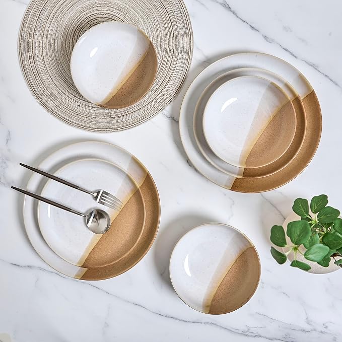 Sango 12 Pieces Stoneware Dinnerware Set, Glossy Caramel & Cream Dishes for 4, Premium Plates and Bowls Sets, Chip & Scratch Resistant, Ceramic Kitchen Dish Set, Microwave & Dishwasher Safe, Phoebe