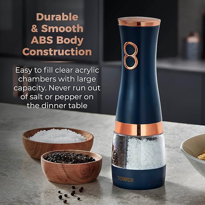 Tower T847004MNB Electric Salt and Pepper Mills, Battery Operated with Adjustable Ceramic Grinders, Midnight Blue and Rose Gold