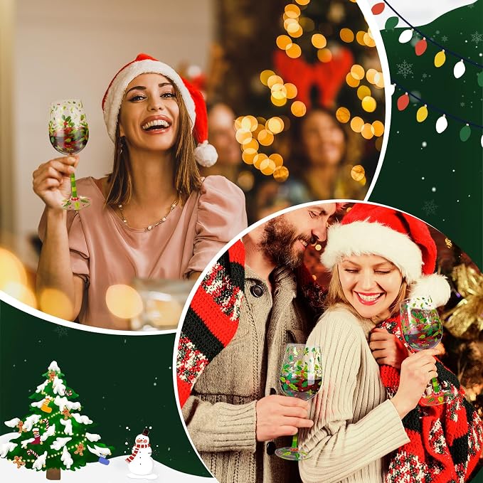 SiliFine 4 Pcs Christmas Holly Berry Party Stemmed Wine Glasses Hand Painted Drinking Cup Wine Glasses Gifts for Birthday Theme Holiday Party Supplies