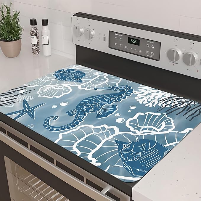 Decorative Stove Top Covers for Electric Stove 28"x20" – Heat Resistant Glass Cooktop Protector Dish Drying Mat – Non-Slip Rubber Backing Washer Top Cover Waterproof Extra Counter Space (Ocean 2)