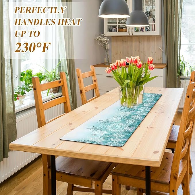 Silver Winter Teal Turquoise Snowflakes Christmas Trivet Table Runner 40 Inches Long Trivet for Hot Pots and Pans/Hot Dishes,Table Protector Heat Up to 230F, Decorative Hot Plates Mat for Kitchen Coun