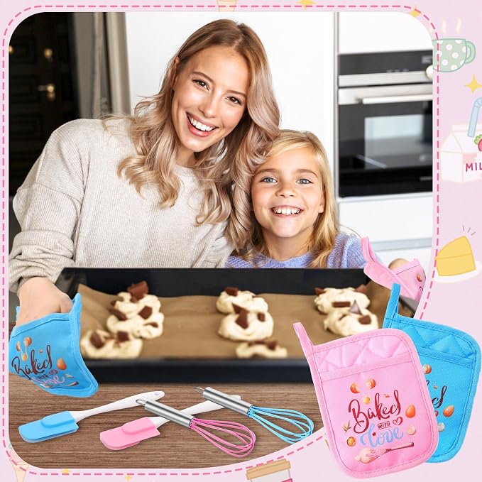 RoundFunny 48 Pcs Kids Mini Baking Supplies with Kitchen Utensil, Pot Holders, Spatula, Rolling Pin, Whisk for Kids Classroom School Exchange Party Favors (Small)