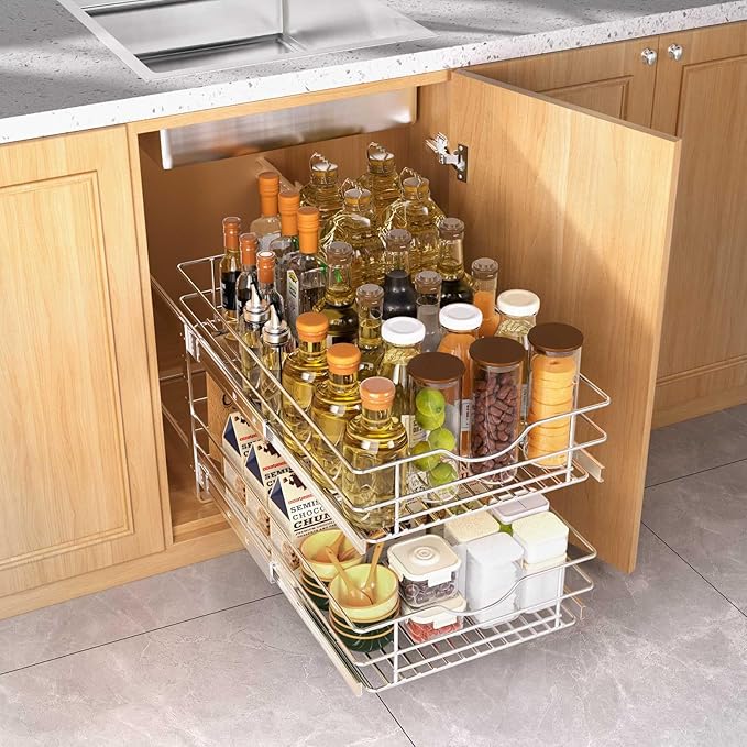 2 Tier Pull Out Cabinet Organizer,(8½"W x 22" D) Soft Close Slide Out Drawer For Kitchen Base Cabinet, Individual Pull Out Shelf, Roll Out Pantry Organization, 22 Inch Deep